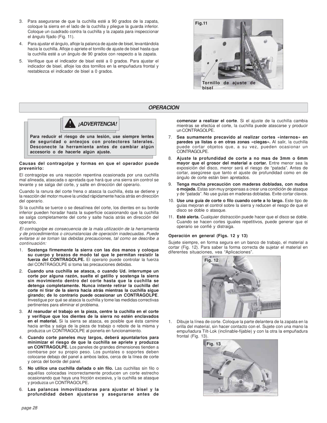 Milwaukee HEAVY-DUTY CIRCULAR SAW manual Operacion ¡ADVERTENCIA, Tornillo de ajuste de bisel, Operación en general Figs y 