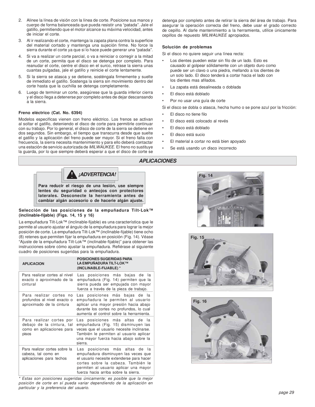 Milwaukee HEAVY-DUTY CIRCULAR SAW manual Aplicaciones, Freno eléctrico Cat. No, Solución de problemas 