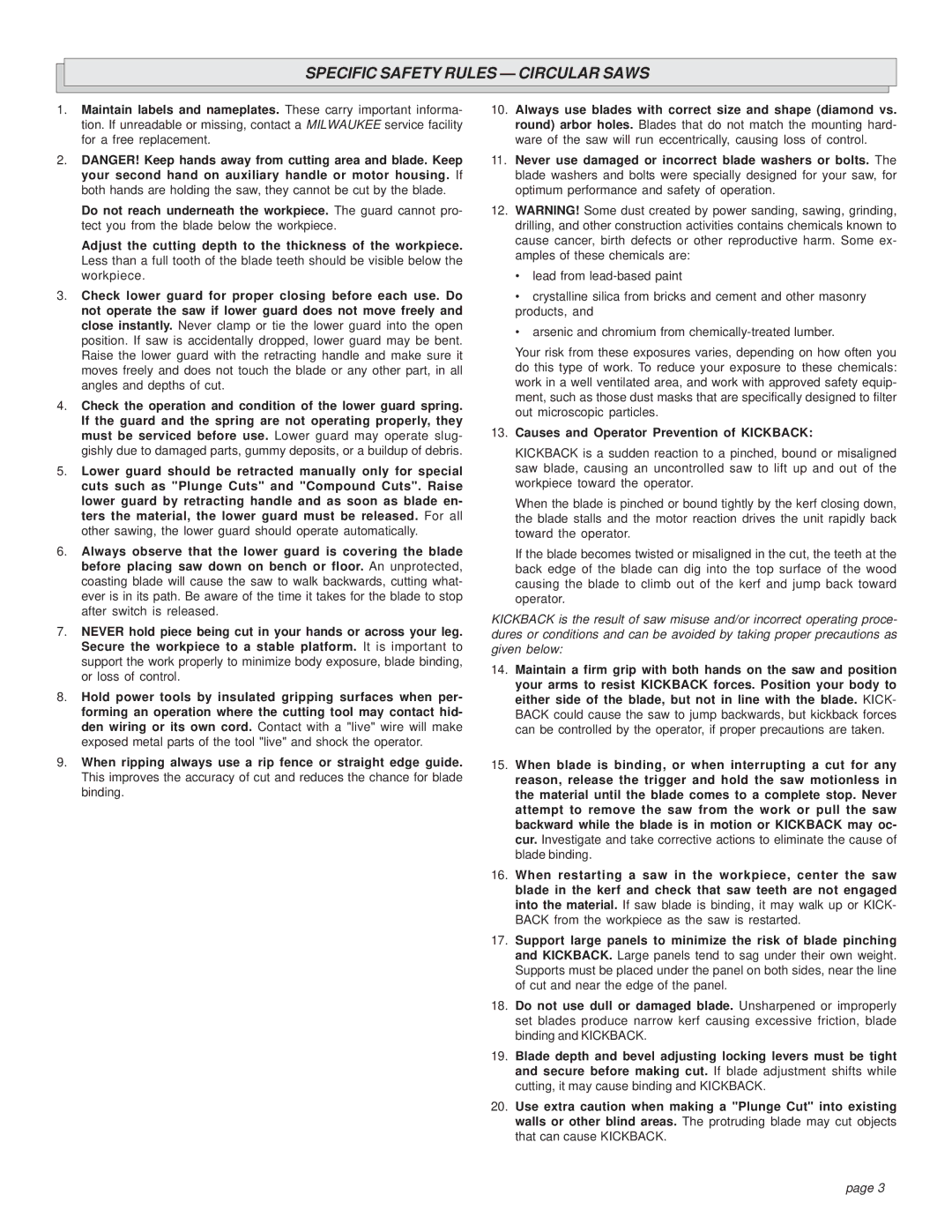 Milwaukee HEAVY-DUTY CIRCULAR SAW manual Specific Safety Rules Circular Saws, Causes and Operator Prevention of Kickback 