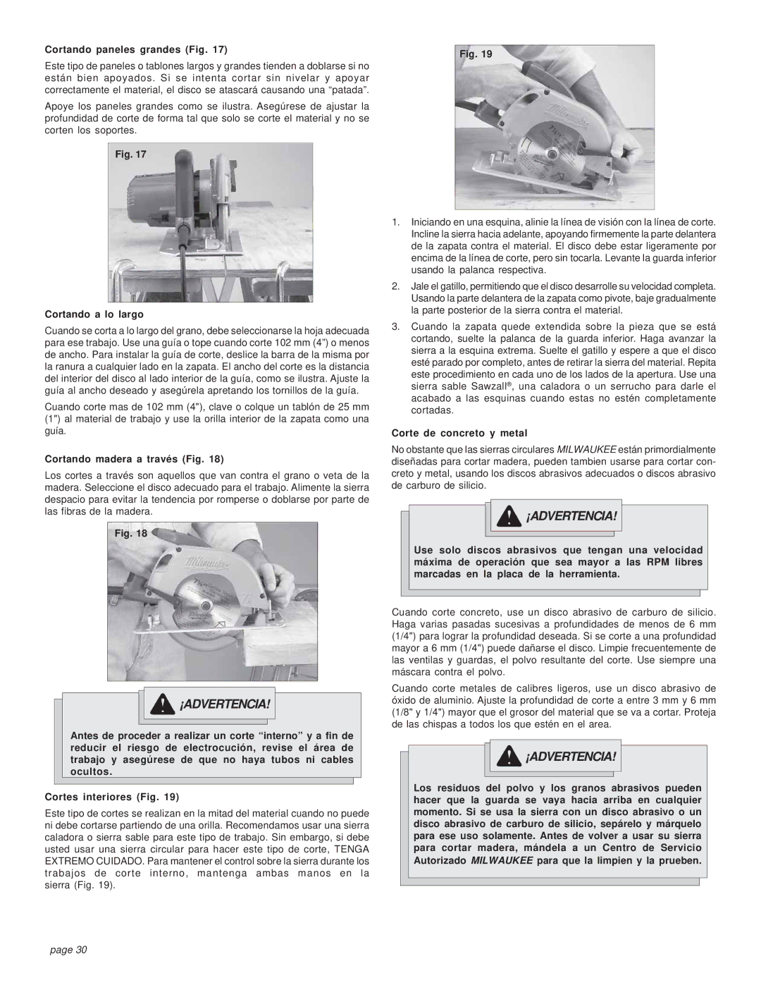 Milwaukee HEAVY-DUTY CIRCULAR SAW manual Cortando paneles grandes Fig, Cortando a lo largo, Cortando madera a través Fig 