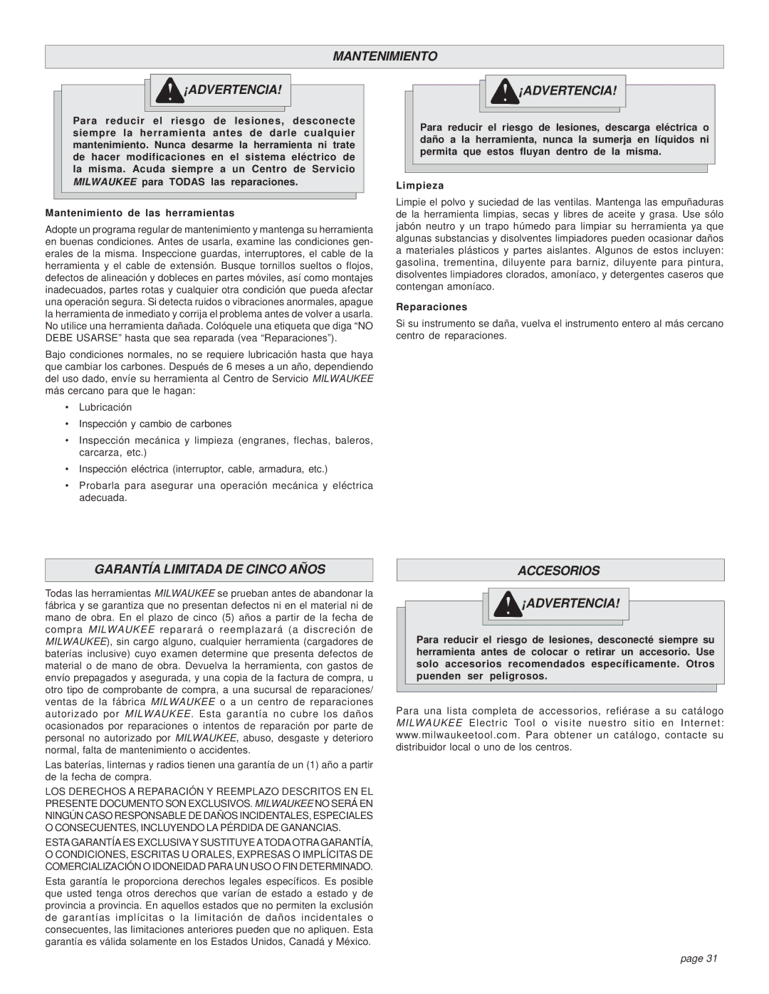 Milwaukee HEAVY-DUTY CIRCULAR SAW Mantenimiento ¡ADVERTENCIA, Garantía Limitada DE Cinco Años, Accesorios ¡ADVERTENCIA 