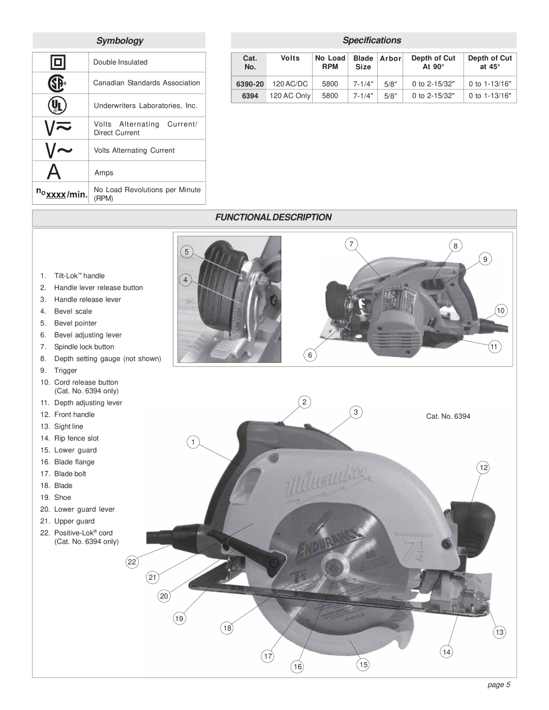 Milwaukee HEAVY-DUTY CIRCULAR SAW Functionaldescription, Cat Volts No Load Blade Arbor Depth of Cut, Size 6390-20, 6394 