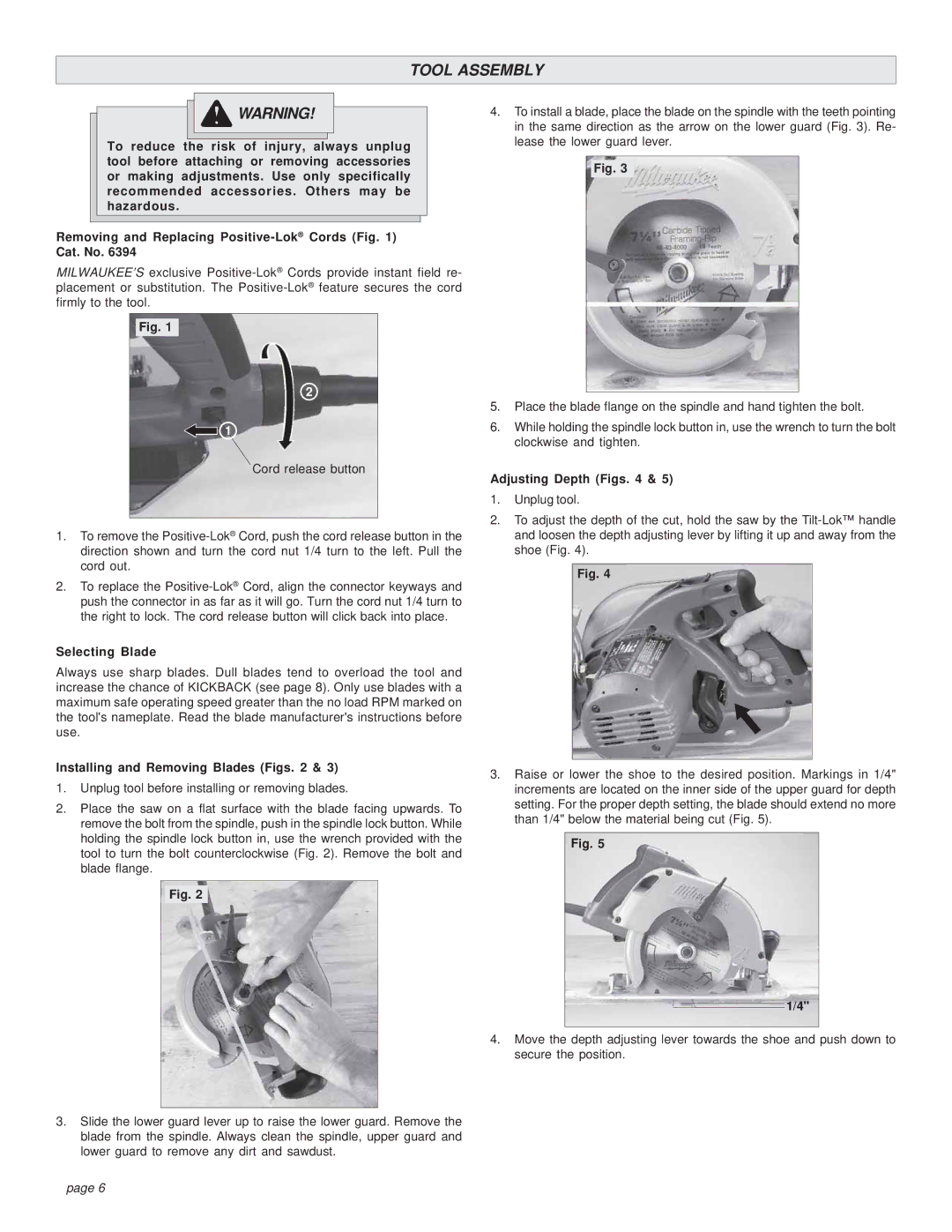 Milwaukee HEAVY-DUTY CIRCULAR SAW manual Tool Assembly, Selecting Blade, Installing and Removing Blades Figs 