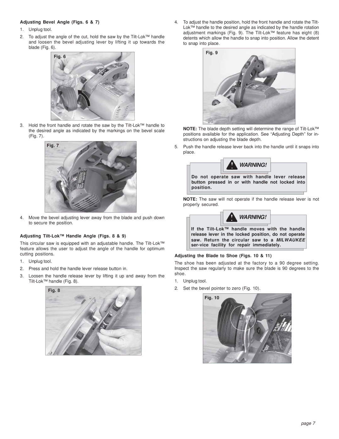 Milwaukee HEAVY-DUTY CIRCULAR SAW manual Adjusting Bevel Angle Figs, Adjusting Tilt-Lok Handle Angle Figs 