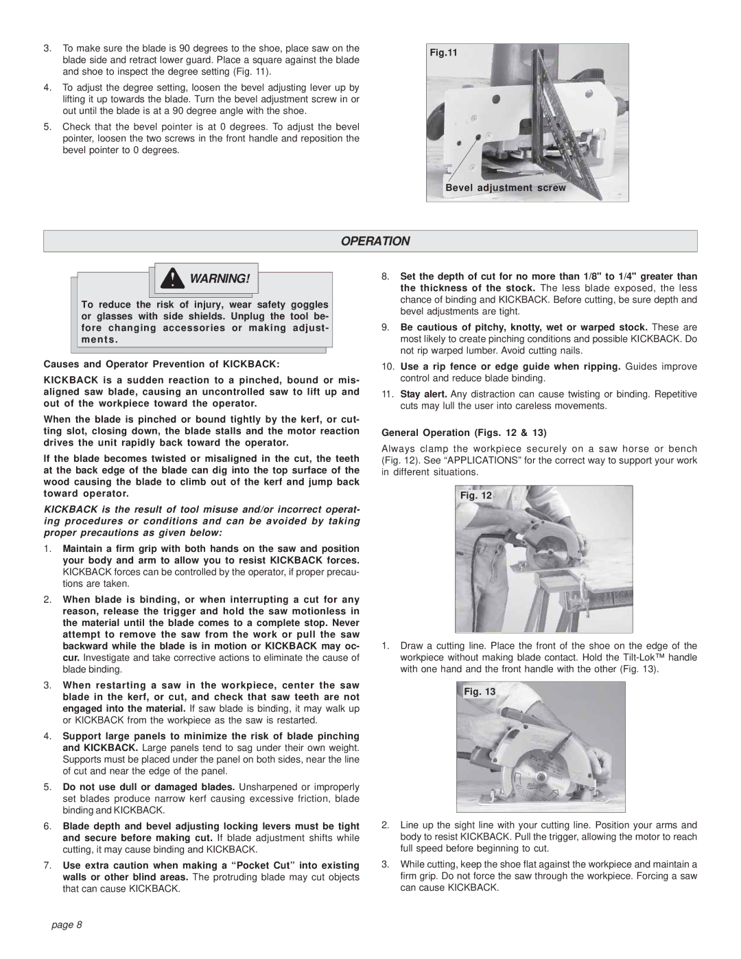 Milwaukee HEAVY-DUTY CIRCULAR SAW manual Bevel adjustment screw, General Operation Figs 