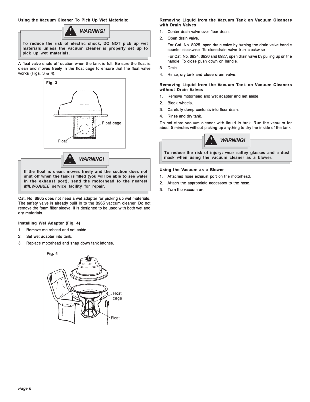 Milwaukee Heavy-Duty Commercial Vacuum manual Using the Vacuum Cleaner To Pick Up Wet Materials, Page 