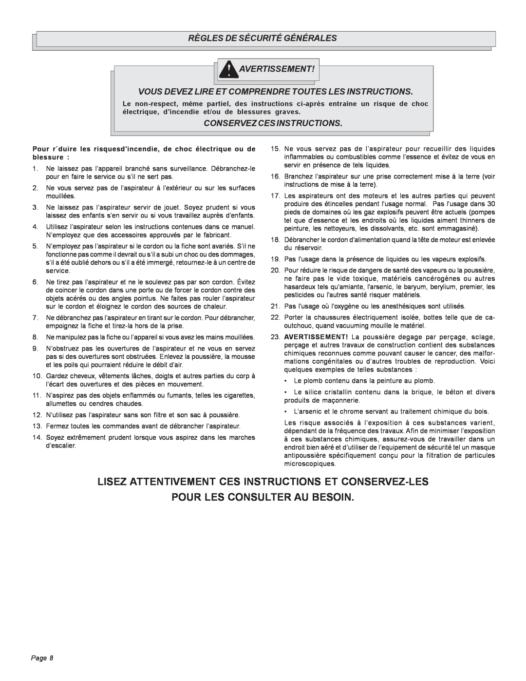 Milwaukee Heavy-Duty Commercial Vacuum manual Pour Les Consulter Au Besoin, Règles De Sécurité Générales, Page 