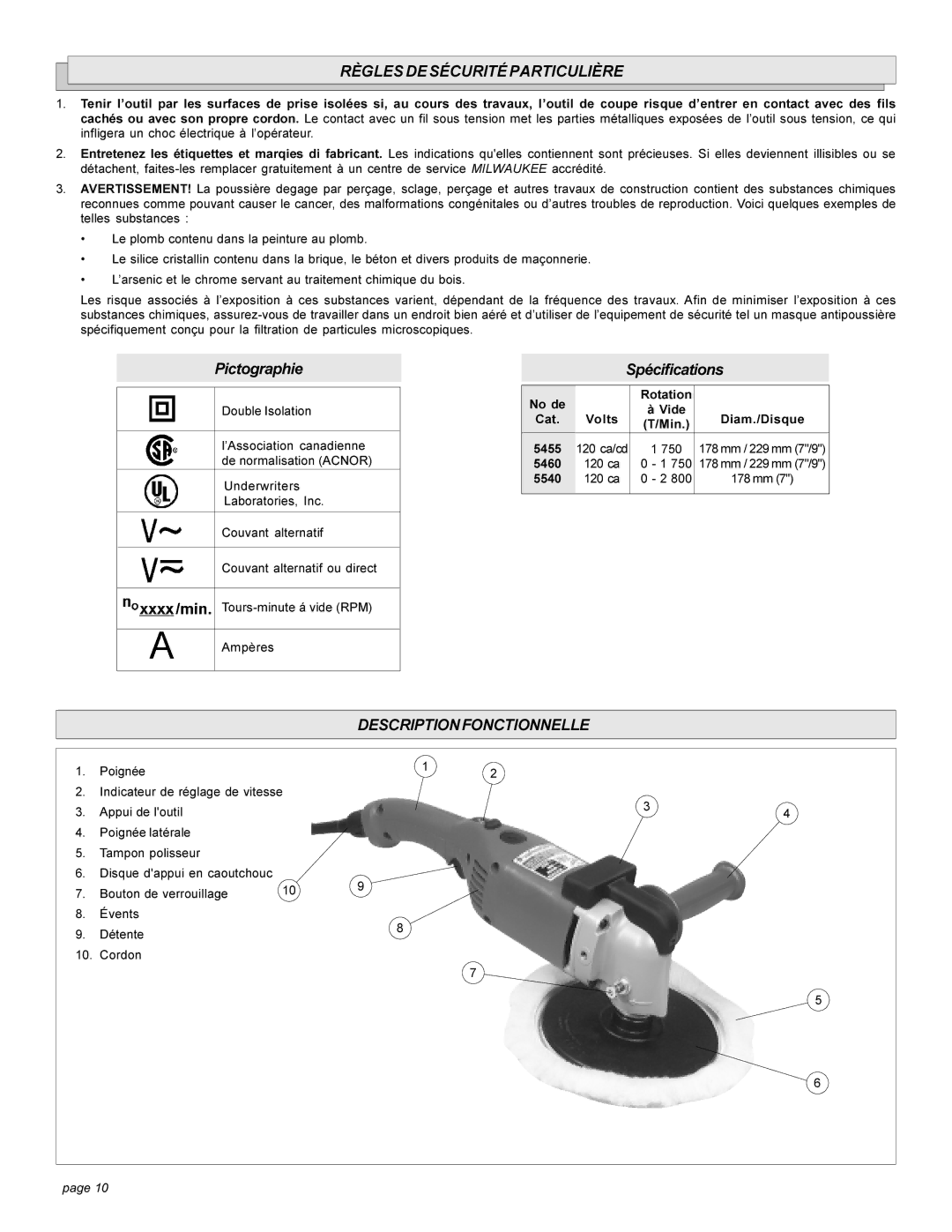 Milwaukee Heavy-Duty Polishers manual Règlesdesécuritéparticulière, Descriptionfonctionnelle 