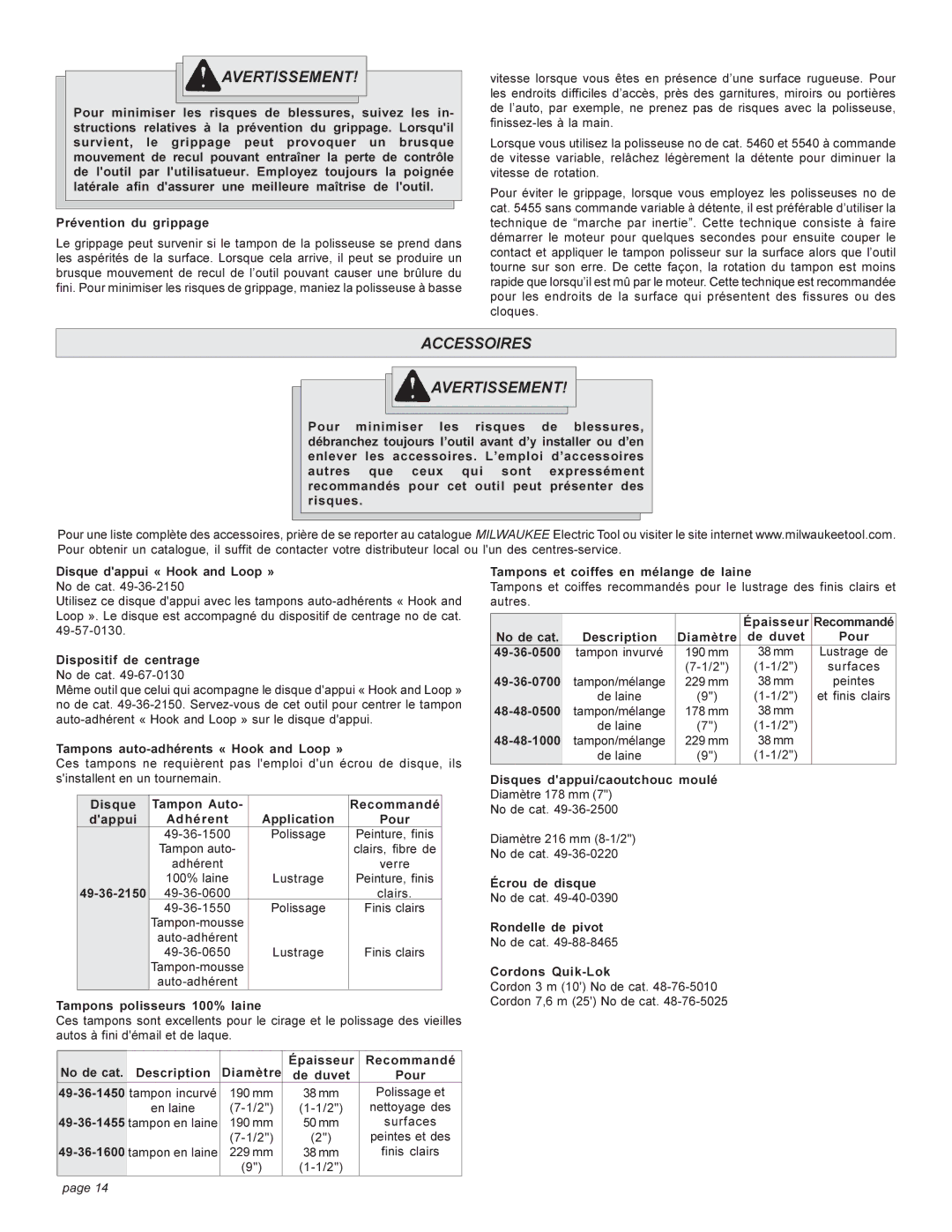 Milwaukee Heavy-Duty Polishers manual Accessoires Avertissement 