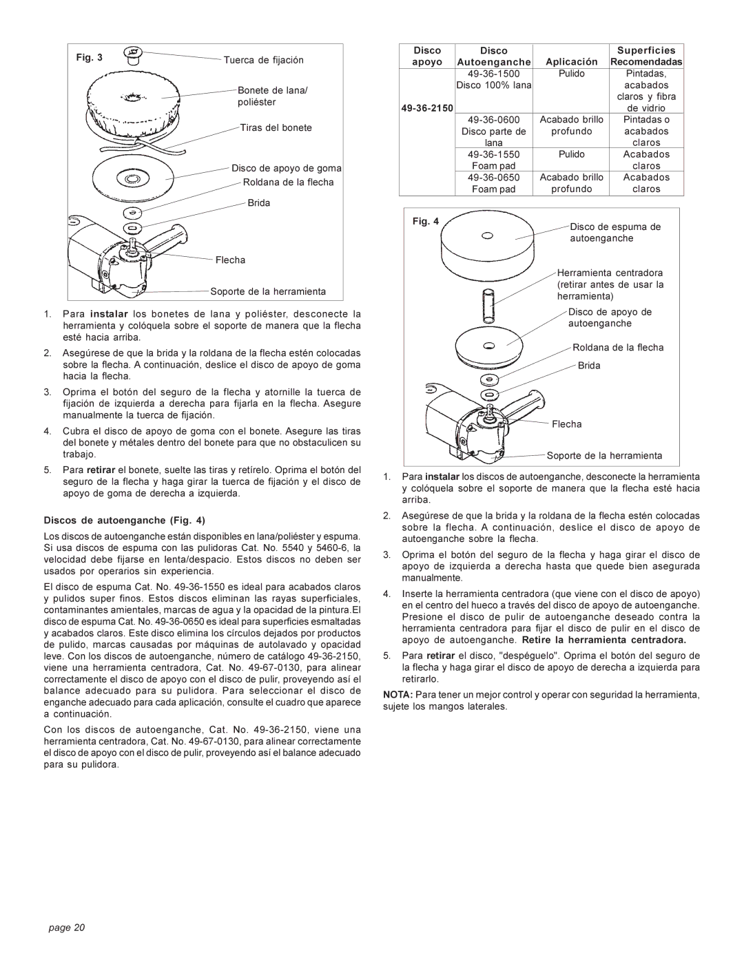 Milwaukee Heavy-Duty Polishers manual Tuerca de fijación, Discos de autoenganche Fig 