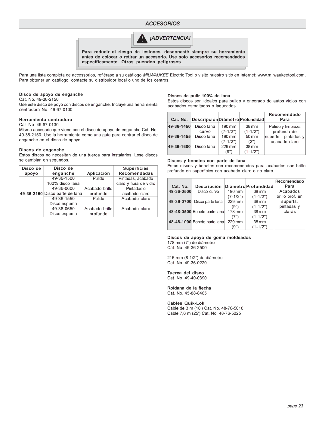 Milwaukee Heavy-Duty Polishers manual Accesorios ¡ADVERTENCIA 