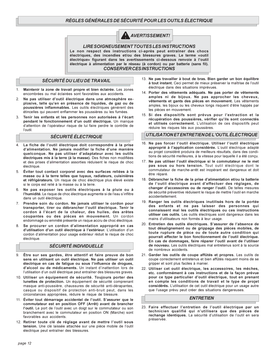 Milwaukee HEAVY-DUTYSANDERS manual Conservercesinstructions Sécurité DU Lieu DE Travail, Sécurité Électrique, Entretien 