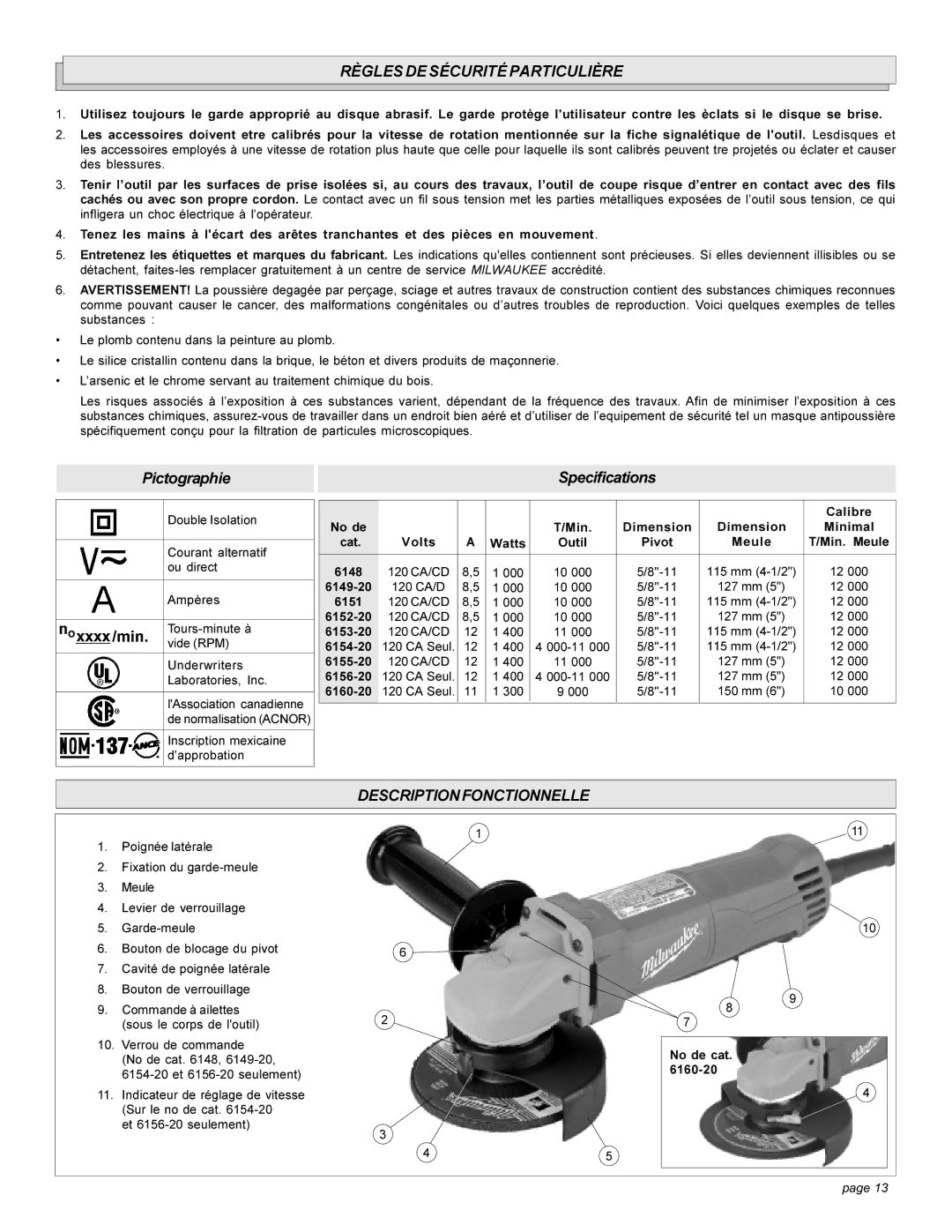 Milwaukee HEAVY-DUTYSANDERS manual Règlesdesécuritéparticulière, Descriptionfonctionnelle, Calibre, No de cat 