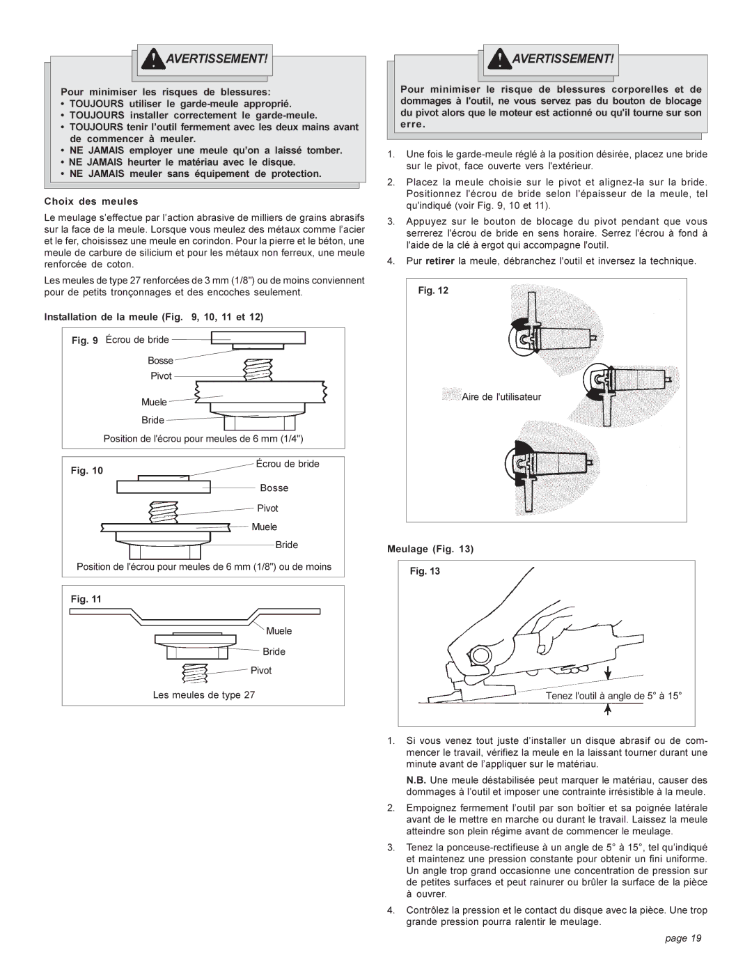 Milwaukee HEAVY-DUTYSANDERS manual Installation de la meule , 10, 11 et, Meulage Fig 