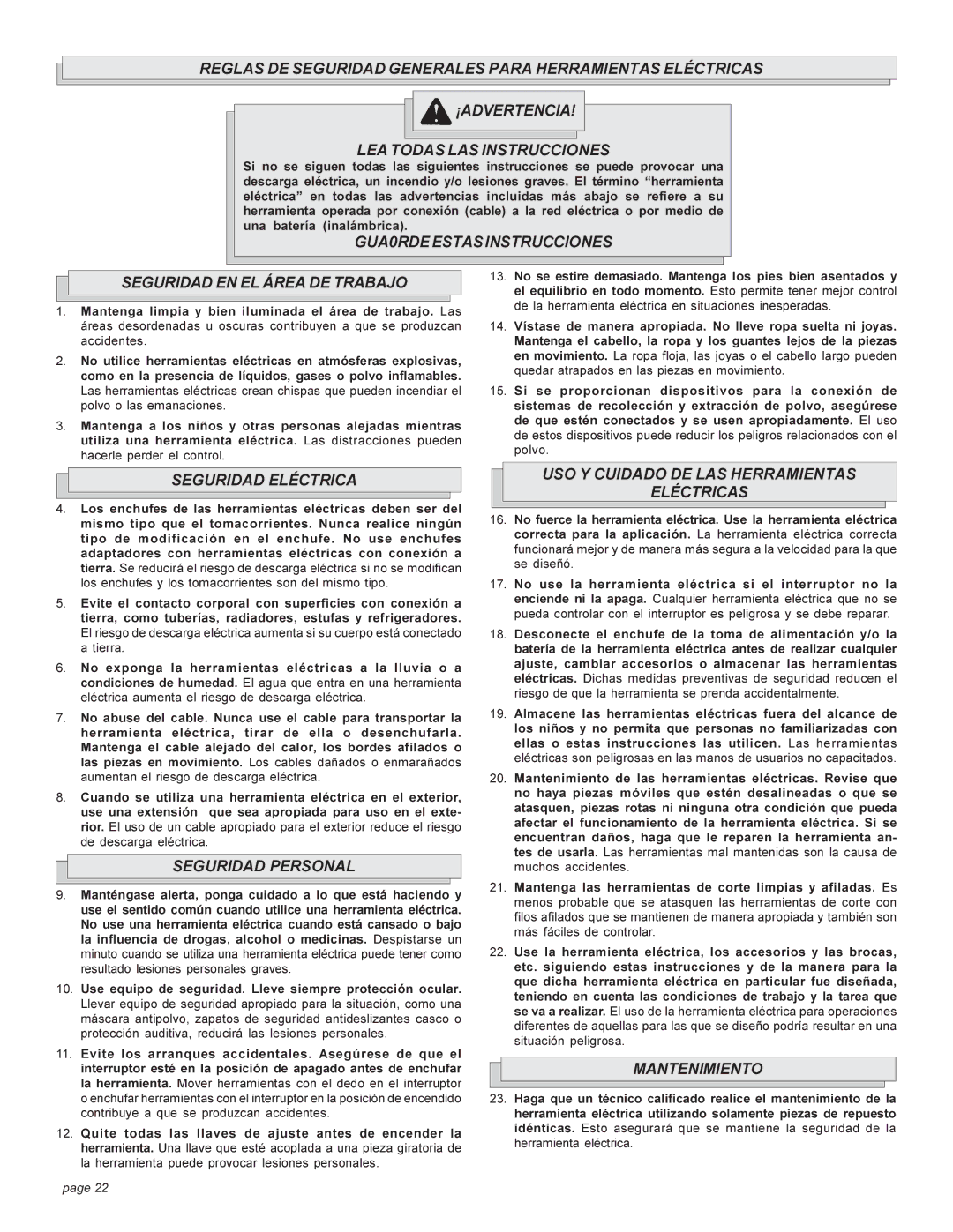 Milwaukee HEAVY-DUTYSANDERS GUA0RDEESTASINSTRUCCIONES Seguridad EN EL Área DE Trabajo, Seguridad Eléctrica, Mantenimiento 