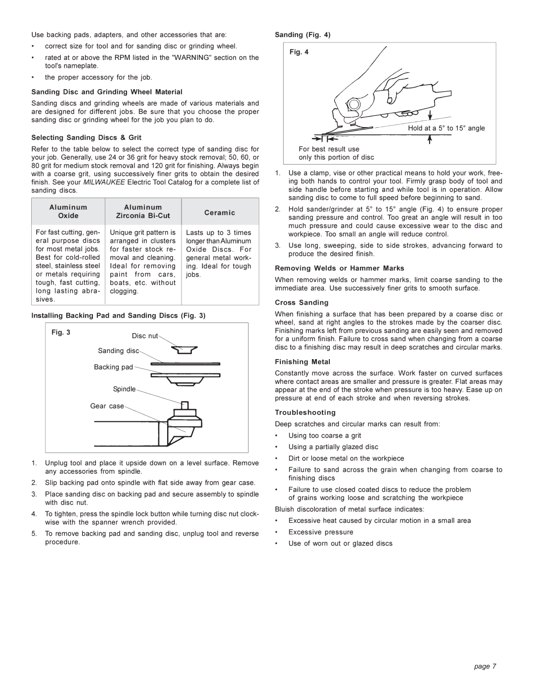 Milwaukee HEAVY-DUTYSANDERS manual Sanding Disc and Grinding Wheel Material, Selecting Sanding Discs & Grit, Sanding Fig 