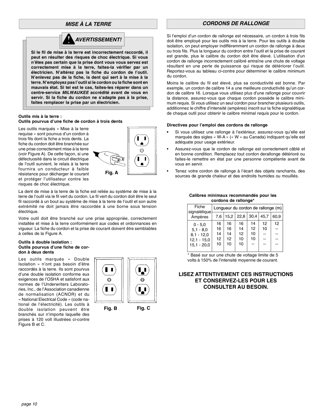 Milwaukee Impact Wrench manual Mise À LA Terre Avertissement, Cordons DE Rallonge 