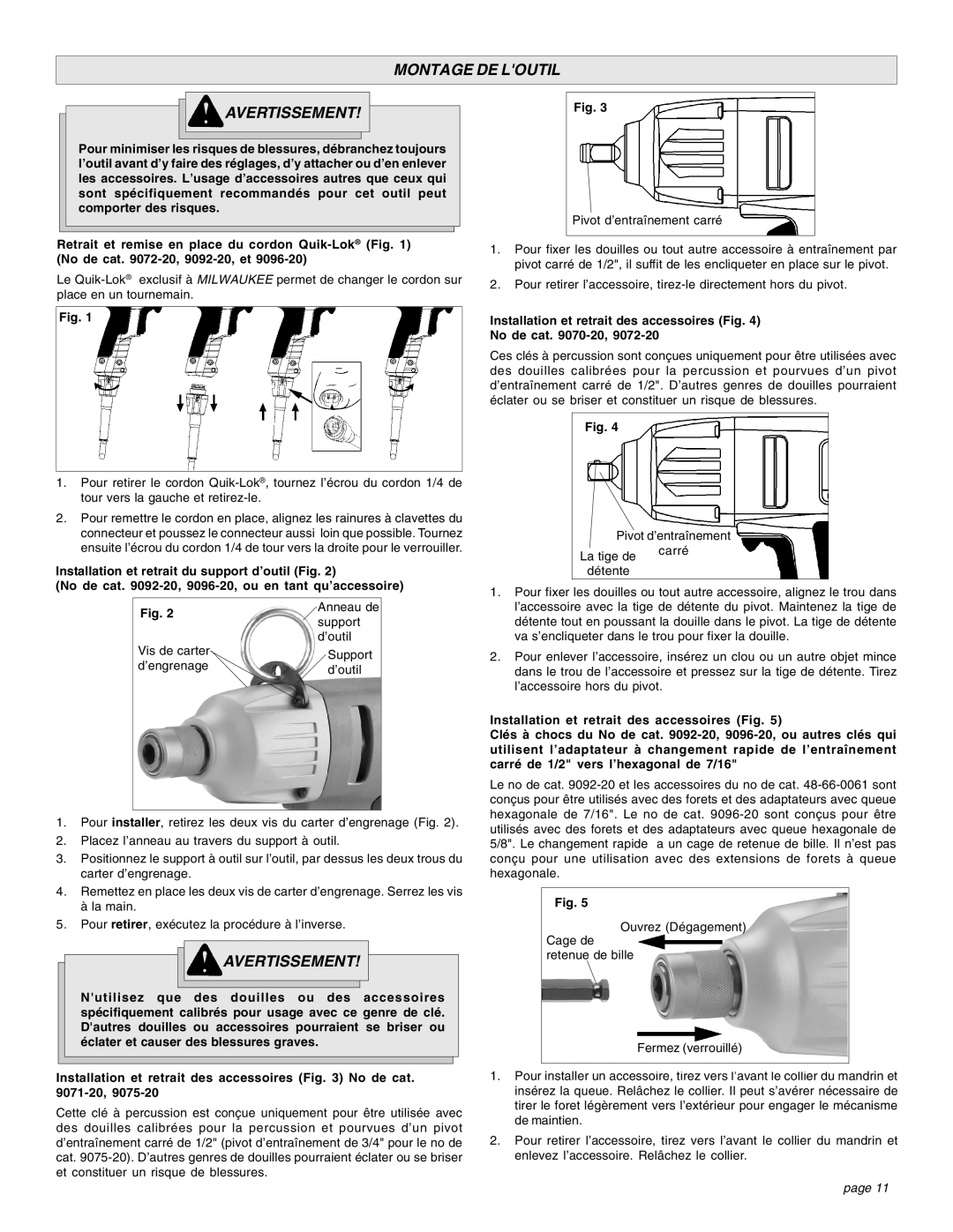 Milwaukee Impact Wrench manual Montage DE Loutil Avertissement, Installation et retrait des accessoires Fig No de cat -20 