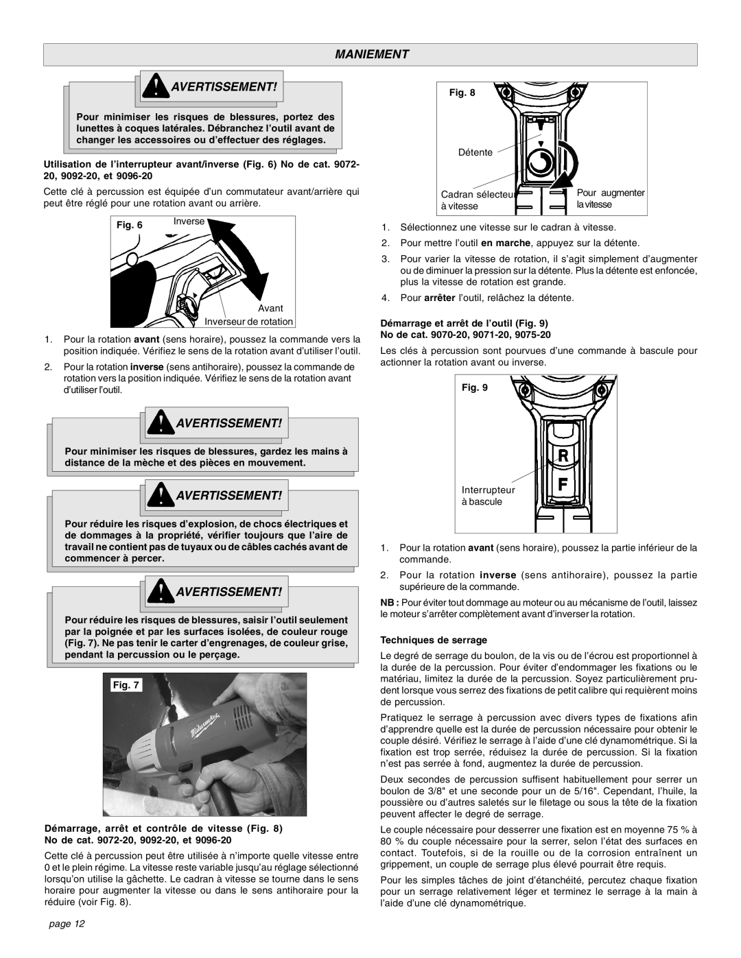 Milwaukee Impact Wrench manual Maniement Avertissement, Démarrage et arrêt de l’outil Fig No de cat -20, 9071-20 