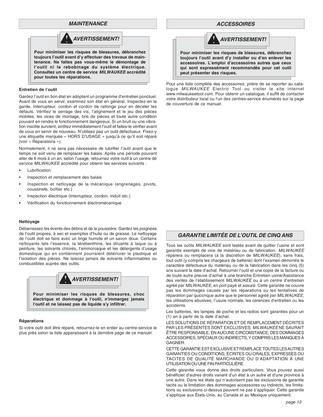 Milwaukee Impact Wrench Maintenance Avertissement, Accessoires Avertissement, Garantie Limitée DE L’OUTIL DE Cinq ANS 