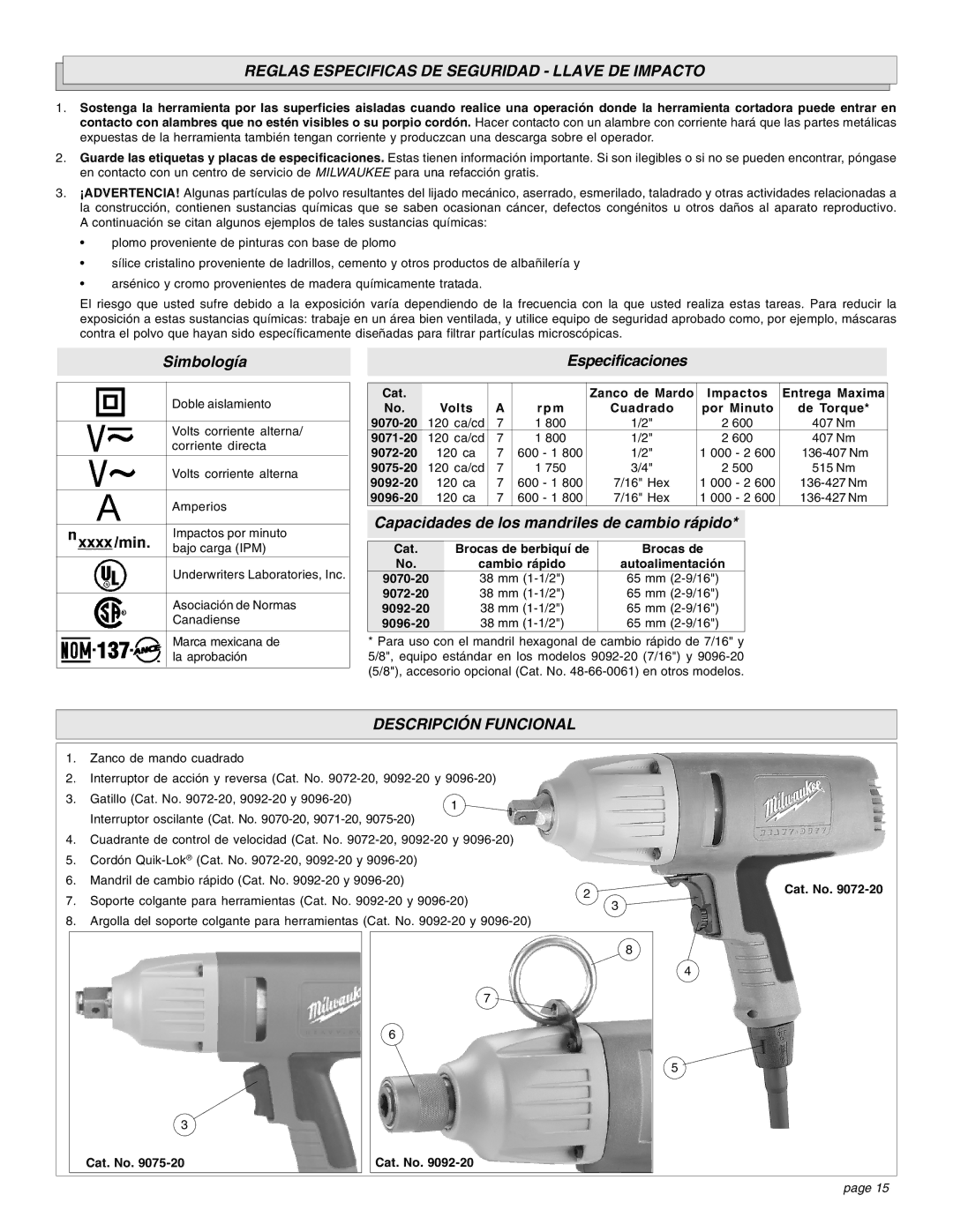 Milwaukee Impact Wrench Reglas Especificas DE Seguridad Llave DE Impacto, Descripción Funcional, Cat Brocas de berbiquí de 