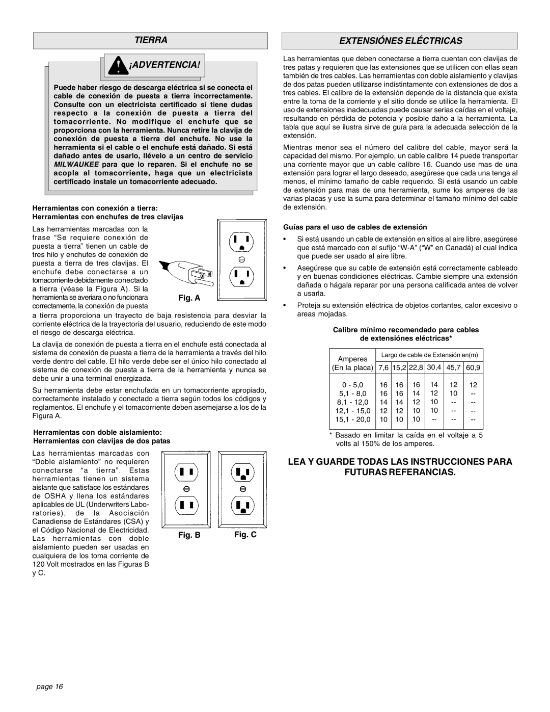 Milwaukee Impact Wrench manual Tierra ¡ADVERTENCIA, Extensiónes Eléctricas, Guías para el uso de cables de extensión 