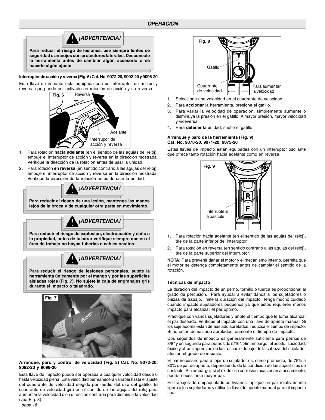 Milwaukee Impact Wrench manual Operacion ¡ADVERTENCIA, Arranque y paro de la herramienta Fig Cat. No -20, 9071-20 