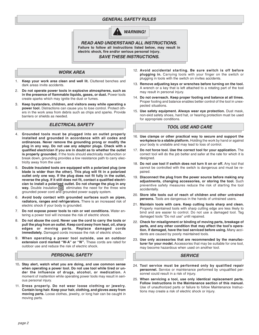 Milwaukee Impact Wrench General Safety Rules Read and Understand ALL Instructions, Work Area, Personal Safety Service 