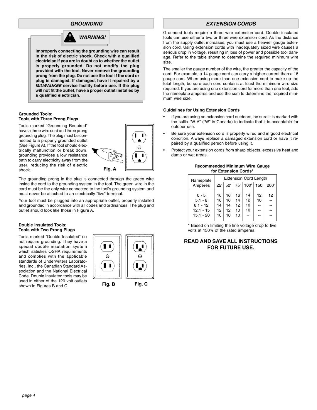 Milwaukee Impact Wrench manual Grounding, Extension Cords 