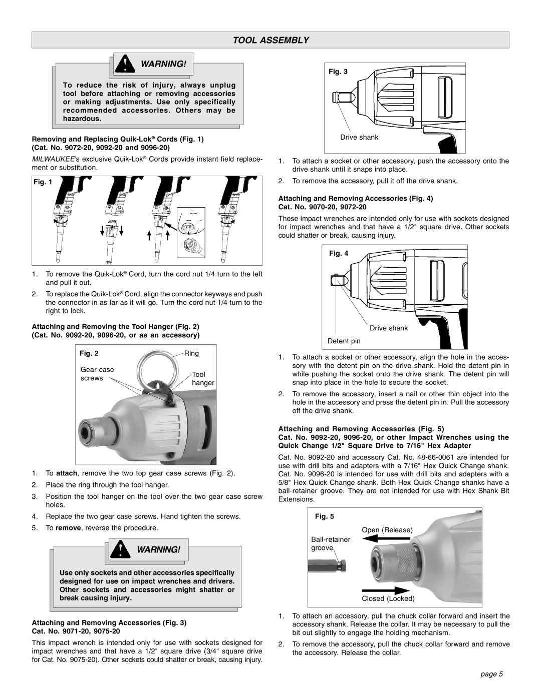 Milwaukee Impact Wrench manual Tool Assembly, Ring, Attaching and Removing Accessories Fig Cat. No -20 