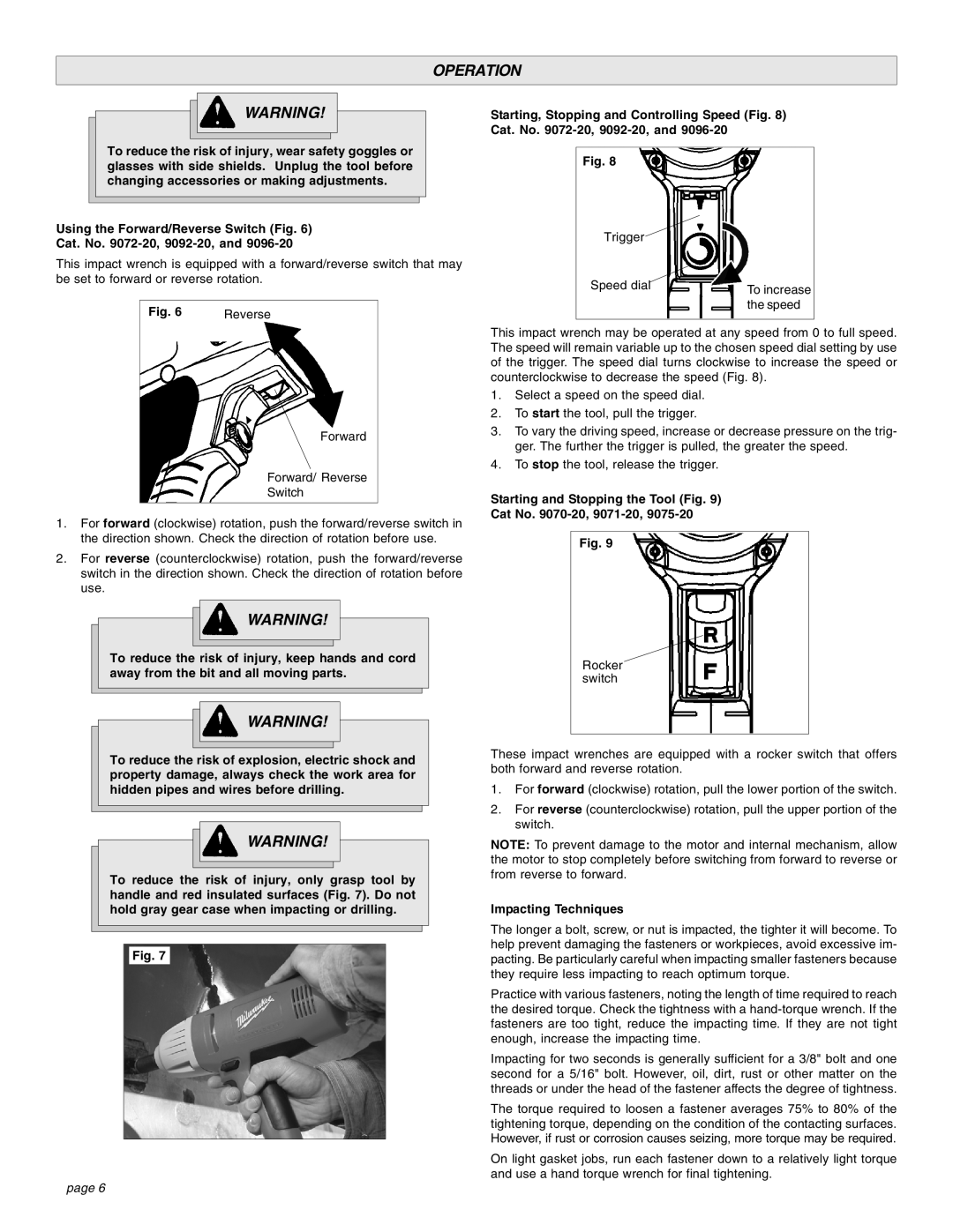 Milwaukee Impact Wrench manual Operation, Using the Forward/Reverse Switch Fig Cat. No -20, 9092-20, Impacting Techniques 