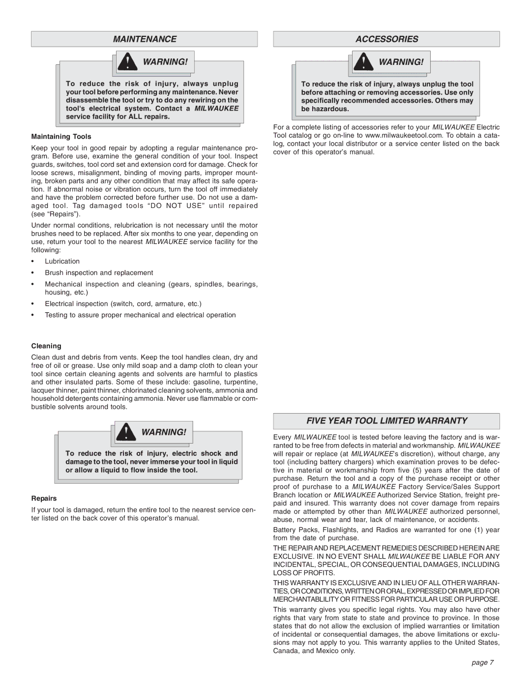 Milwaukee Impact Wrench manual Maintenance, Accessories, Five Year Tool Limited Warranty 