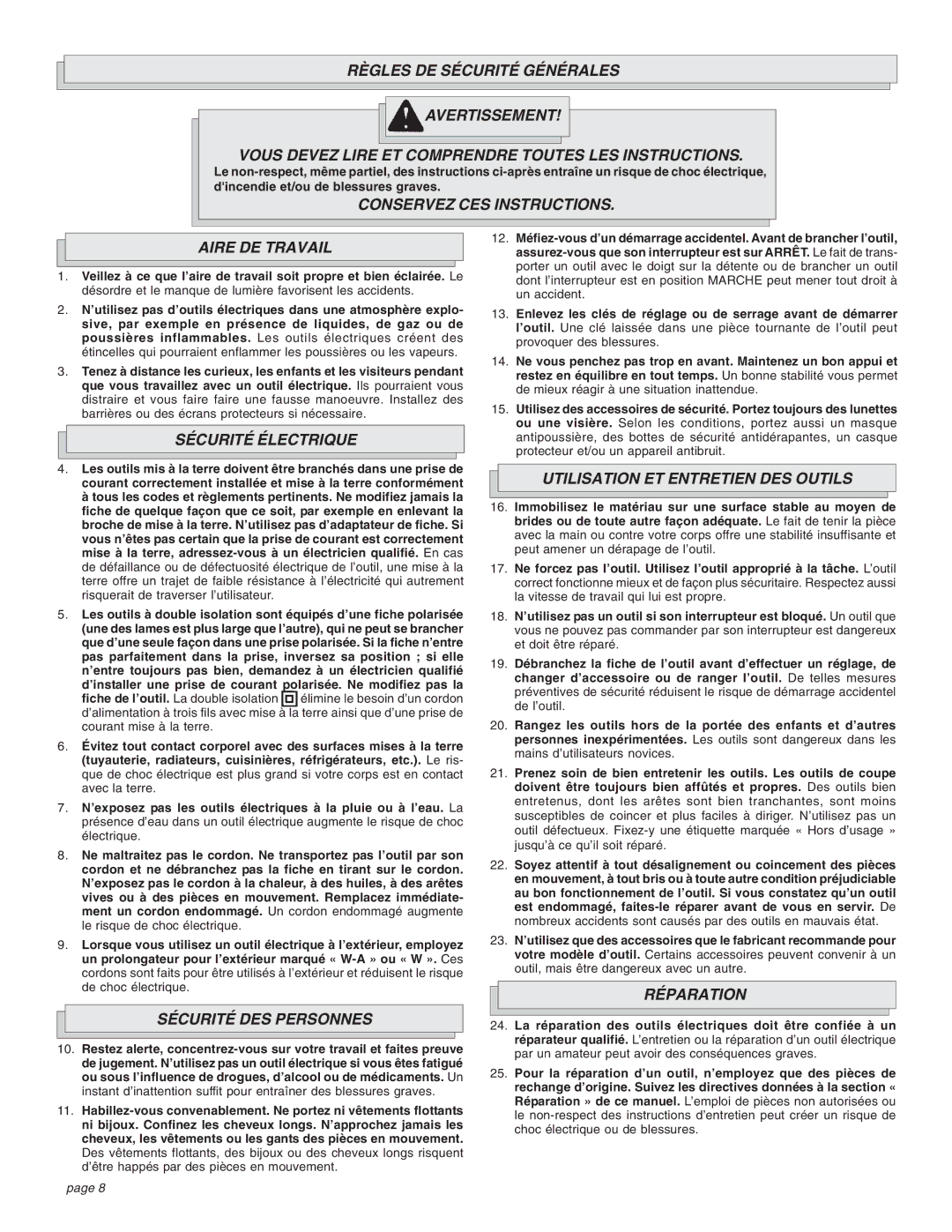 Milwaukee Impact Wrench manual Conservez CES Instructions Aire DE Travail, Sécurité Électrique, Sécurité DES Personnes 