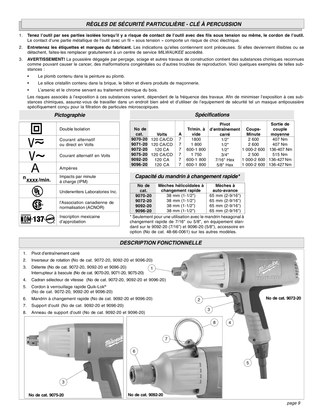 Milwaukee Impact Wrench manual Règles DE Sécurité Particulière CLÉ À Percussion, Description Fonctionnelle 