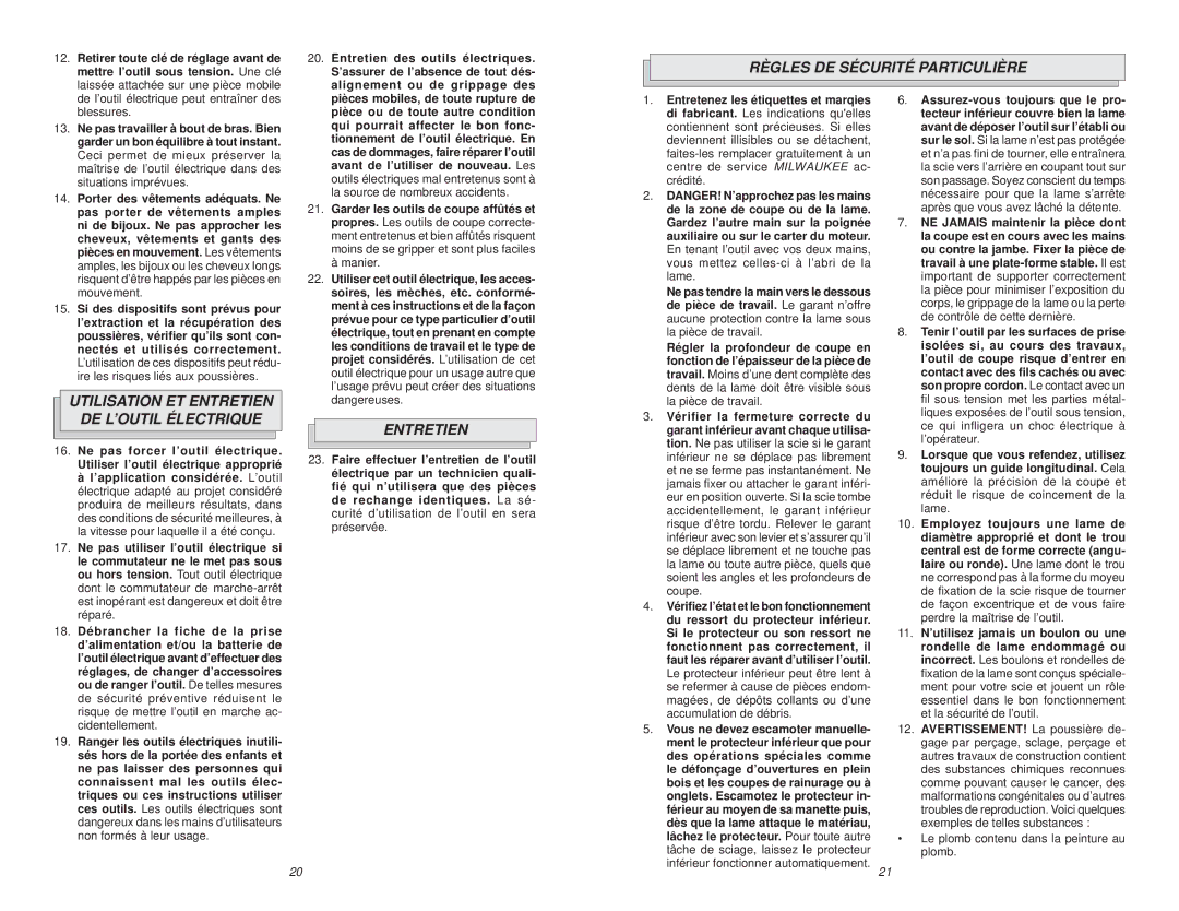 Milwaukee Jig Saw manual Règles DE Sécurité Particulière, Utilisation ET Entretien DE L’OUTIL Électrique 