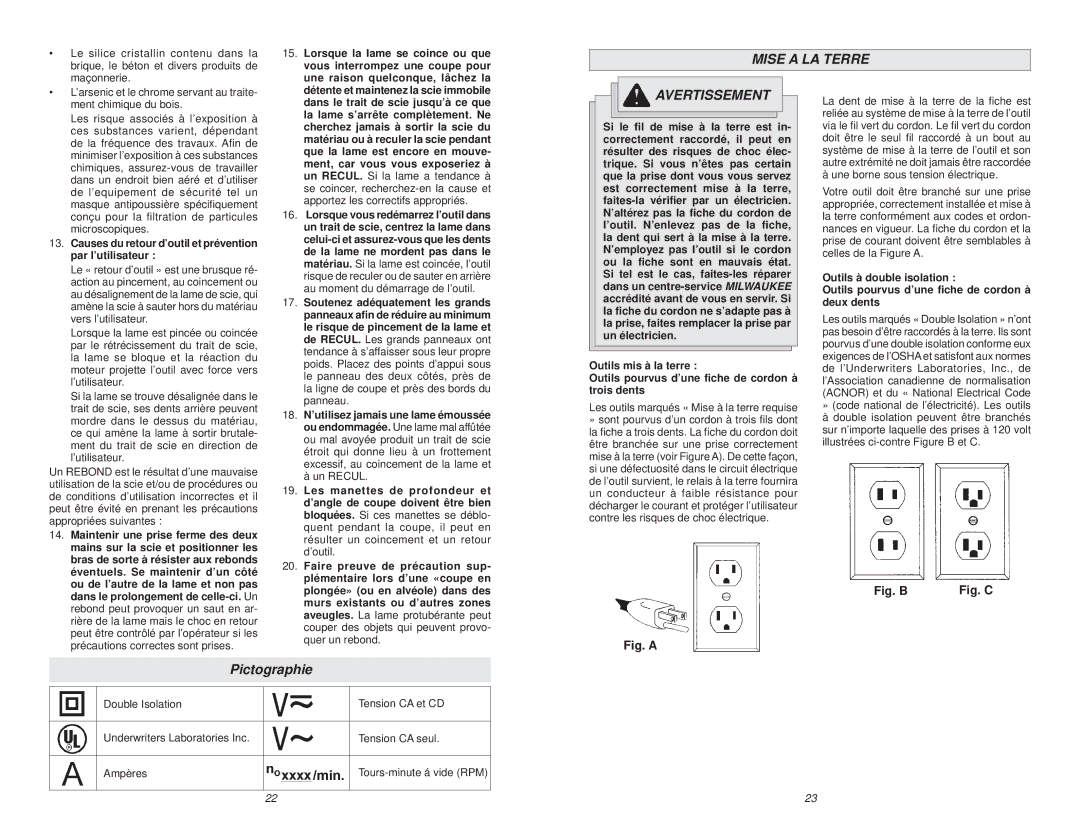 Milwaukee Jig Saw manual Mise a LA Terre, Pictographie 