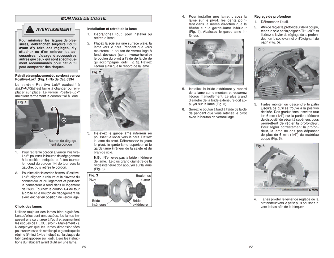 Milwaukee Jig Saw manual Montage DE Loutil, Réglage de profondeur, Installation et retrait de la lame, Choix des lames 