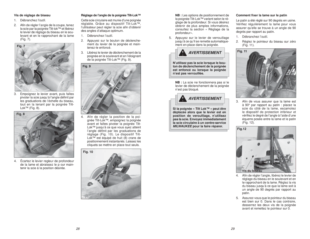 Milwaukee Jig Saw Vis de réglage de biseau, Réglage de l’angle de la poignée Tilt-Lok, Comment ﬁxer la lame sur le patin 