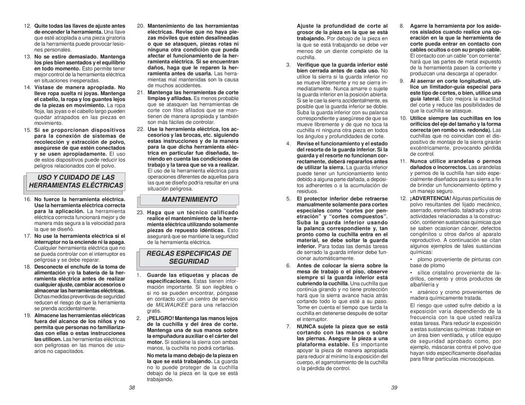 Milwaukee Jig Saw manual USO Y Cuidado DE LAS Herramientas Eléctricas, Mantenimiento, Reglas Especificas DE Seguridad 