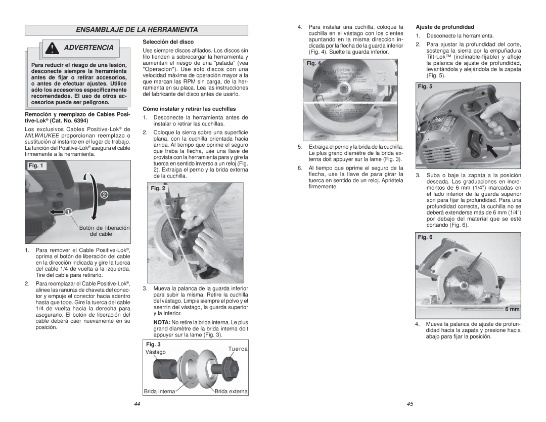 Milwaukee Jig Saw manual Ensamblaje DE LA Herramienta, Ajuste de profundidad, Selección del disco 