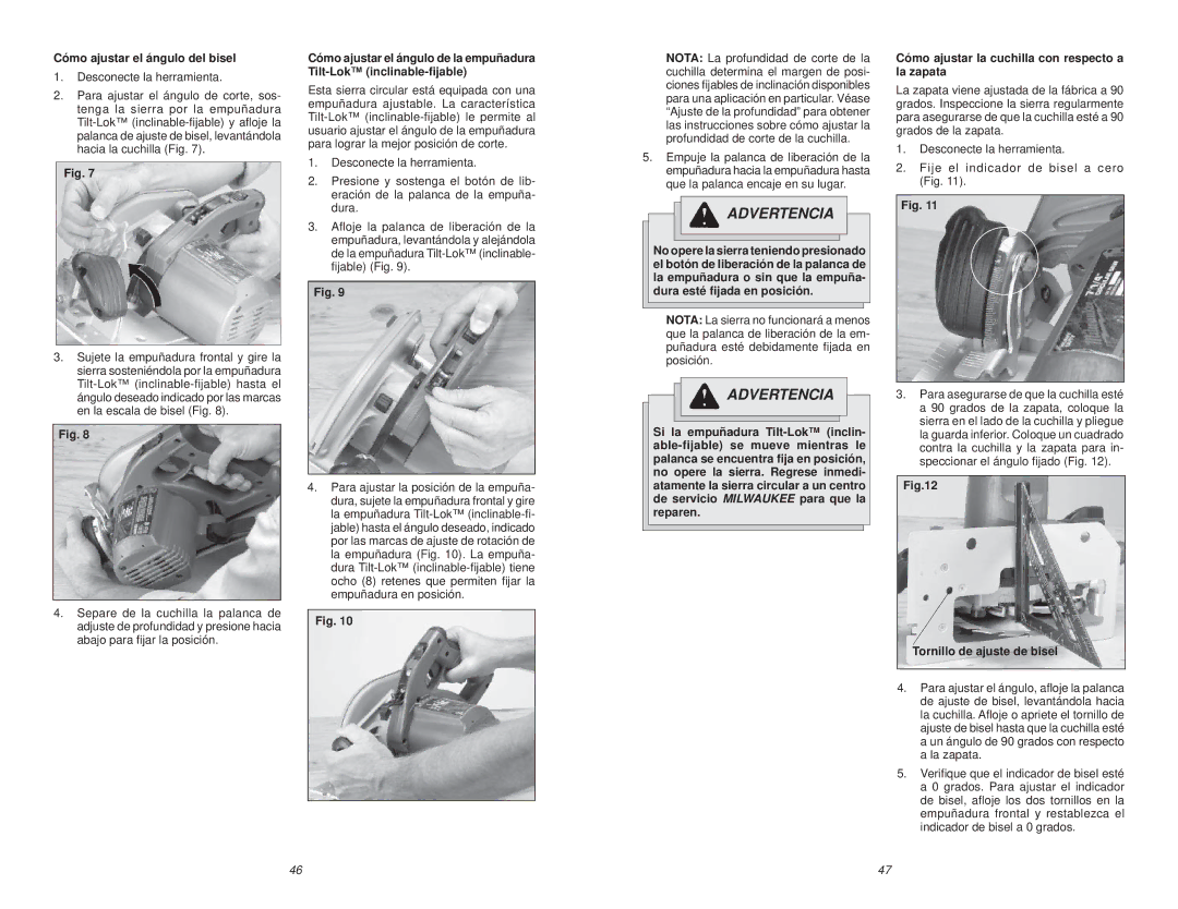 Milwaukee Jig Saw manual Cómo ajustar el ángulo del bisel, Cómo ajustar la cuchilla con respecto a la zapata 