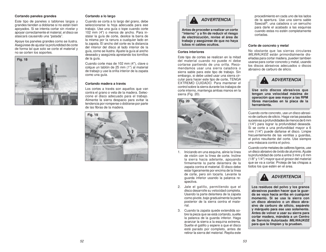 Milwaukee Jig Saw manual Cortando paneles grandes, Cortando a lo largo, Cortando madera a través, Cortes interiores 