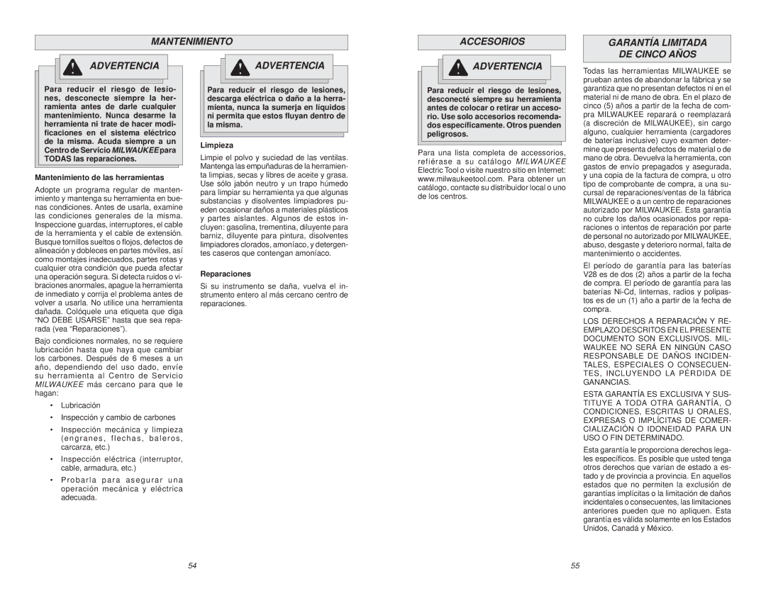 Milwaukee Jig Saw Mantenimiento Accesorios Garantía Limitada Advertencia, DE Cinco Años, Mantenimiento de las herramientas 