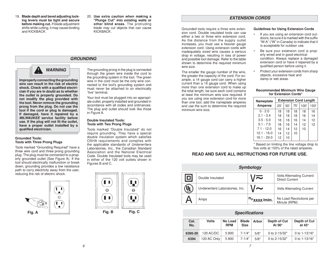 Milwaukee Jig Saw manual Extension Cords, Grounding, Symbology, Speciﬁcations 