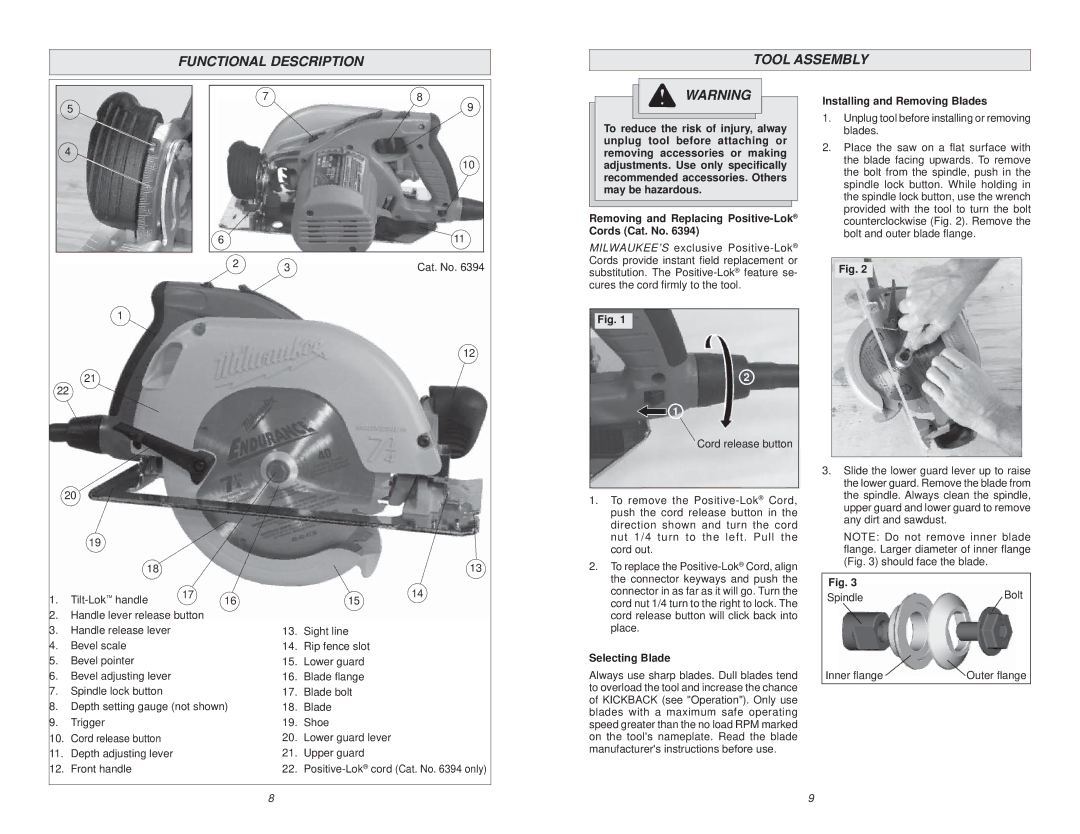 Milwaukee Jig Saw Functional Description Tool Assembly, Removing and Replacing Positive-LokCords Cat. No, Selecting Blade 