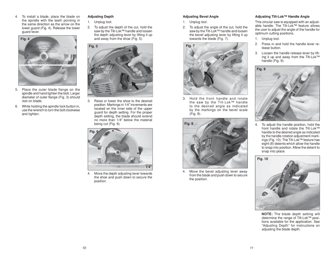 Milwaukee Jig Saw manual Adjusting Depth, Unplug tool, Position, Adjusting Bevel Angle, Adjusting Tilt-Lok Handle Angle 