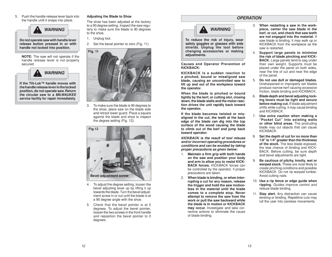 Milwaukee Jig Saw Operation, Push the handle release lever back into, Adjusting the Blade to Shoe, Bevel adjustment screw 