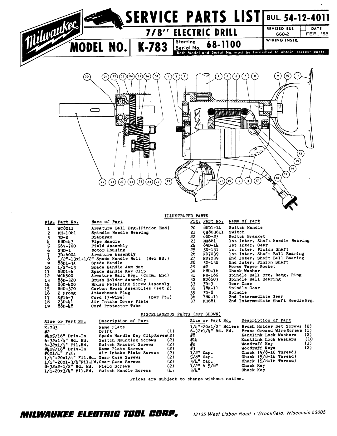 Milwaukee K-783 manual Electricdrill, 668-2 