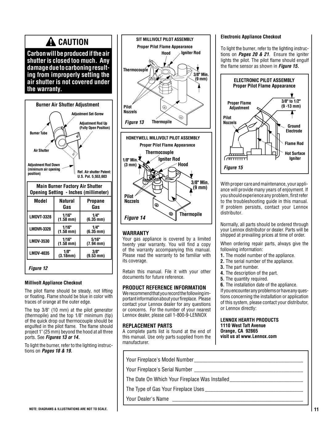 Milwaukee LMDVT-3328CNM manual Burner Air Shutter Adjustment, Warranty, Product reference information, Replacement parts 