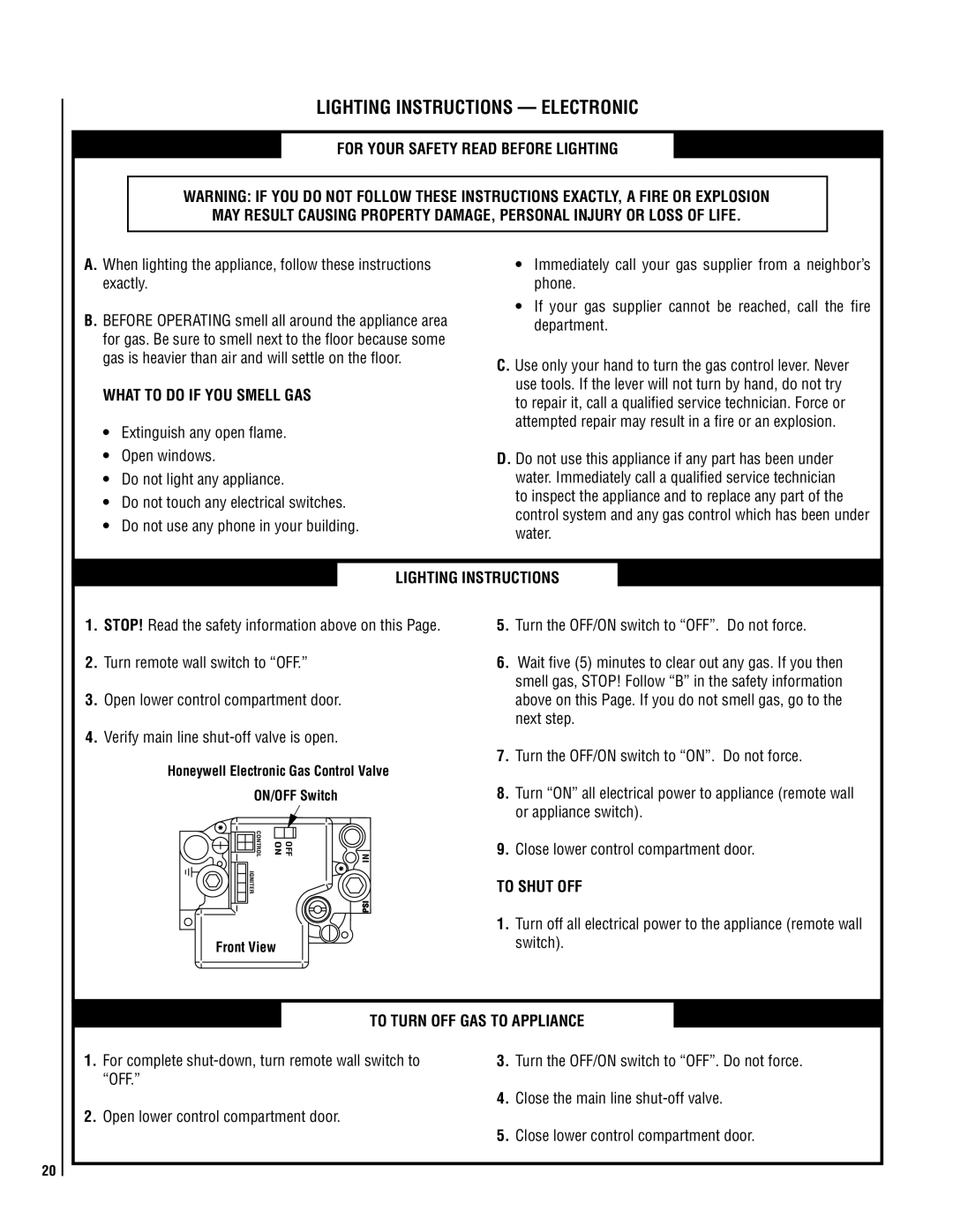 Milwaukee LMDVT-3328CNM What to do if YOU Smell GAS, To shut off, Honeywell Electronic Gas Control Valve ON/OFF Switch 